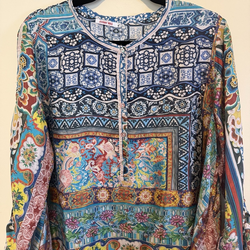 Johnny Was 100% Silk Patchwork Tunic Women's Size Petite L LP Boho Hippie Career - Picture 4 of 12